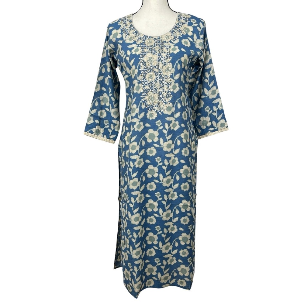 Women's Kurti Midi Dress Size 40 Blue Floral Sequin Embroidered 3/4 Sleeve